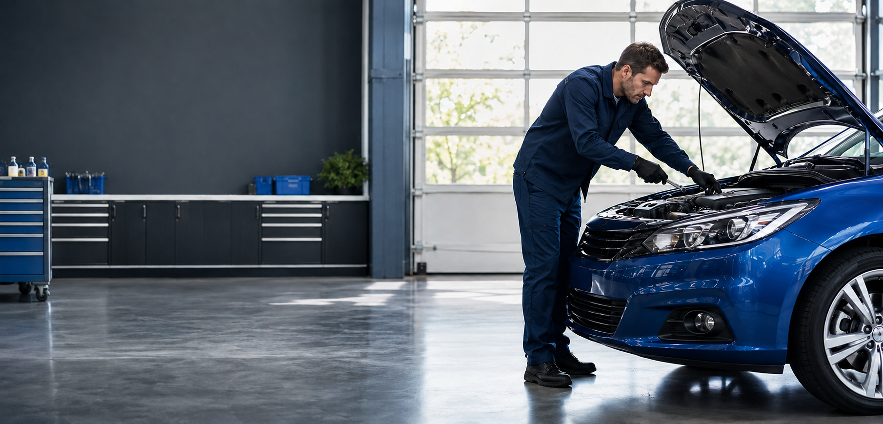 Mechanic inspecting a blue car in a modern workshop